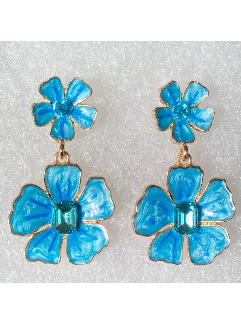 Blue Enamel Flower with Crystal Accents Gold Toned Stud Earrings